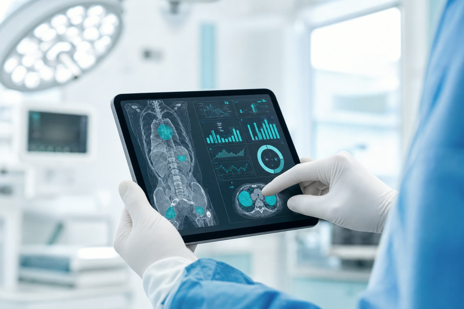 Surgeon reviewing AI-driven anatomical analysis and clinical data on a tablet in a bright operating room