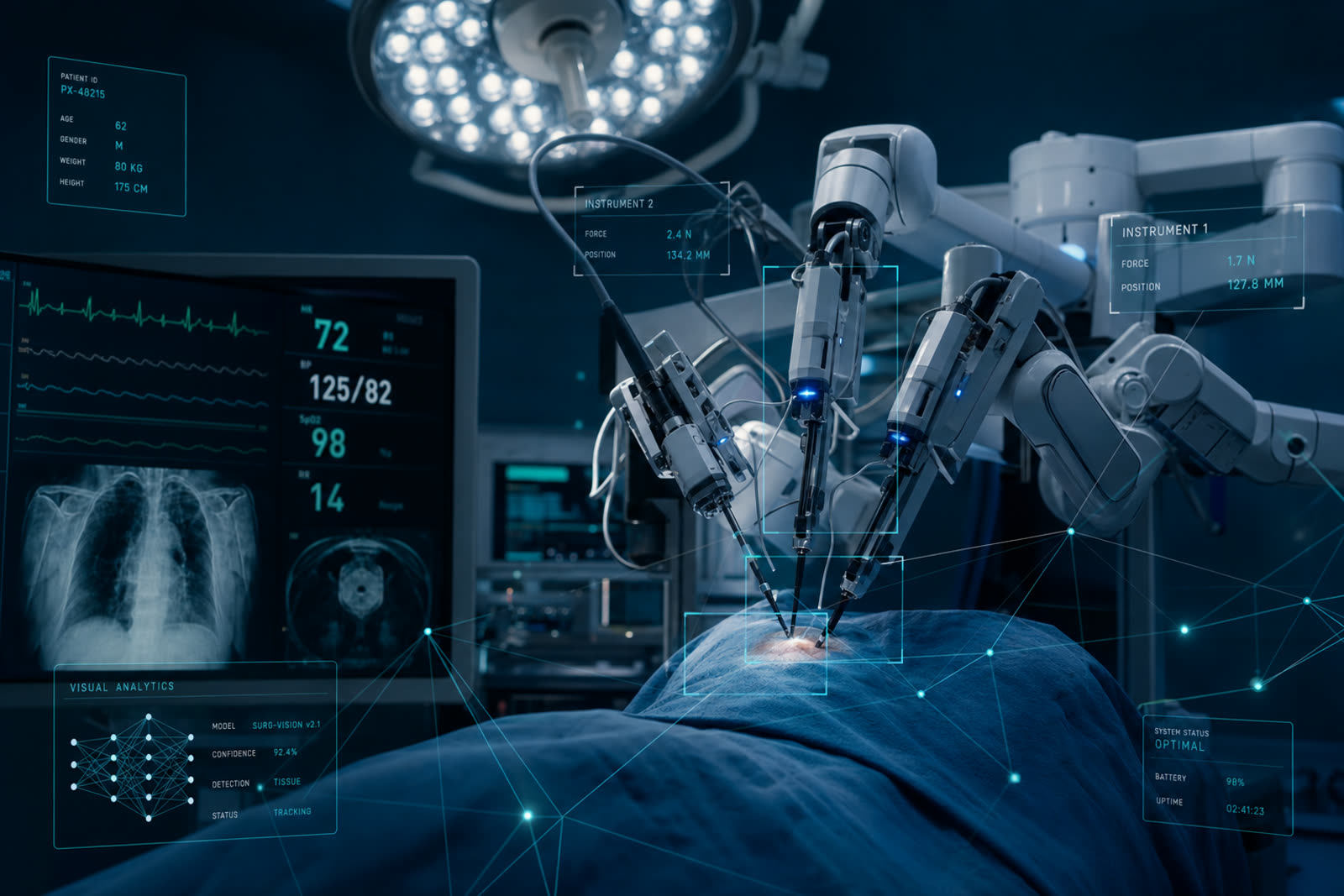 Robotic surgical system in an operating room overlaid with AI data visualization and computer-vision tracking